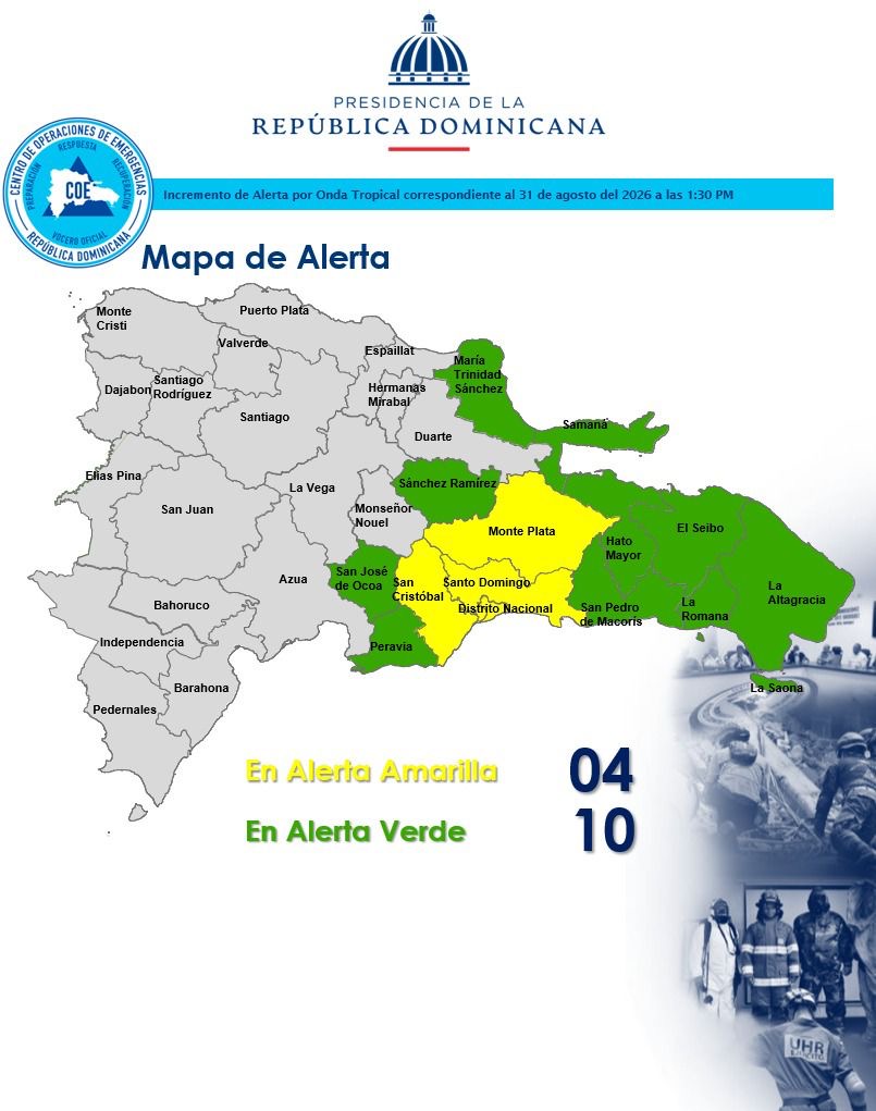 COE coloca cuatro demarcaciones en alerta amarilla y otras 10 en verde por lluvias