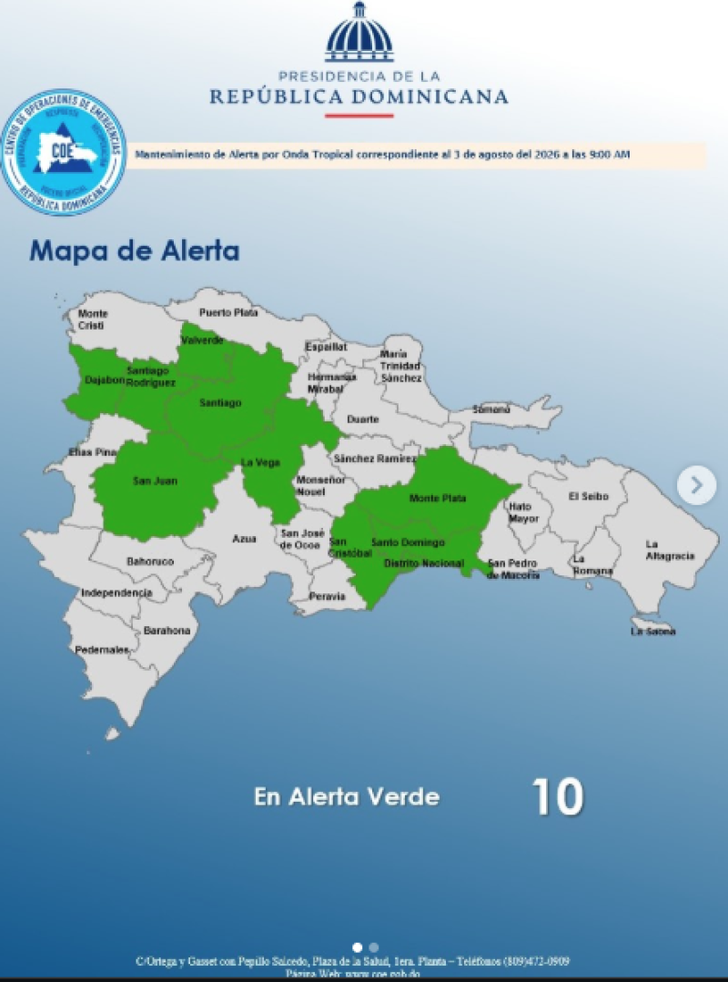 Mapa del COE con nueve provincias y el Distrito Nacional en alerta verde